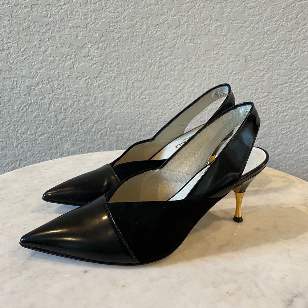 Bruno Magli Italy Black Leather Slingback Heels Gold Heel Pointed Toe 36 - Picture 5 of 9